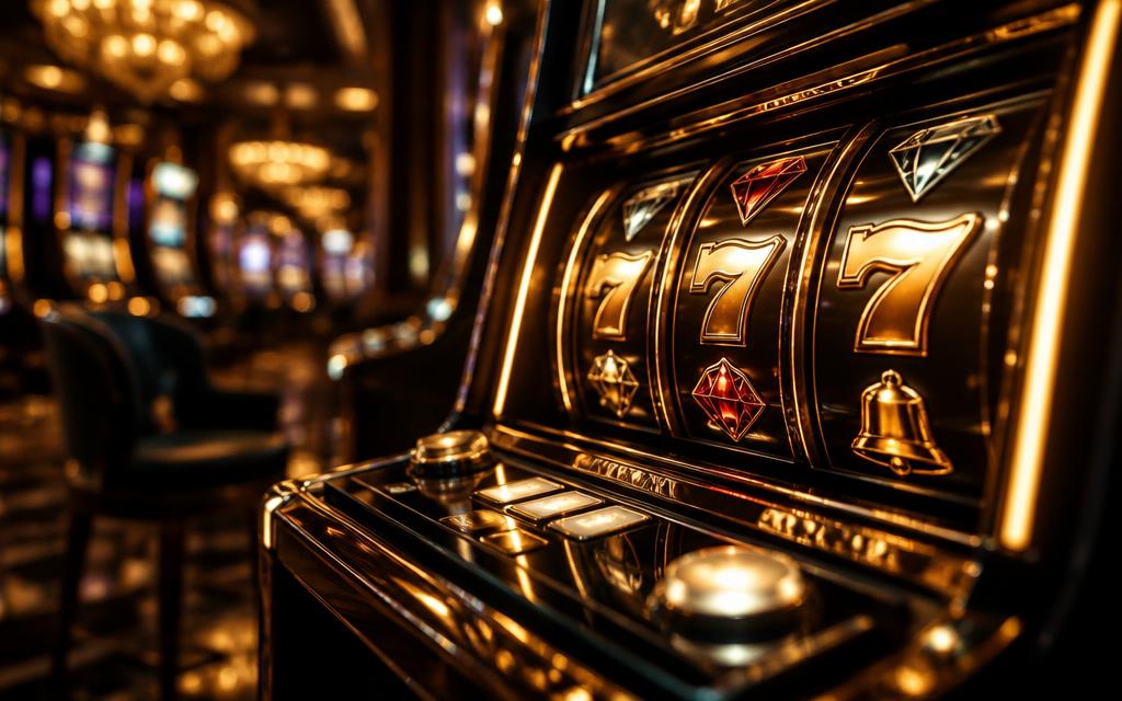 Chrome slot reels with red sevens, cherries and gold bells